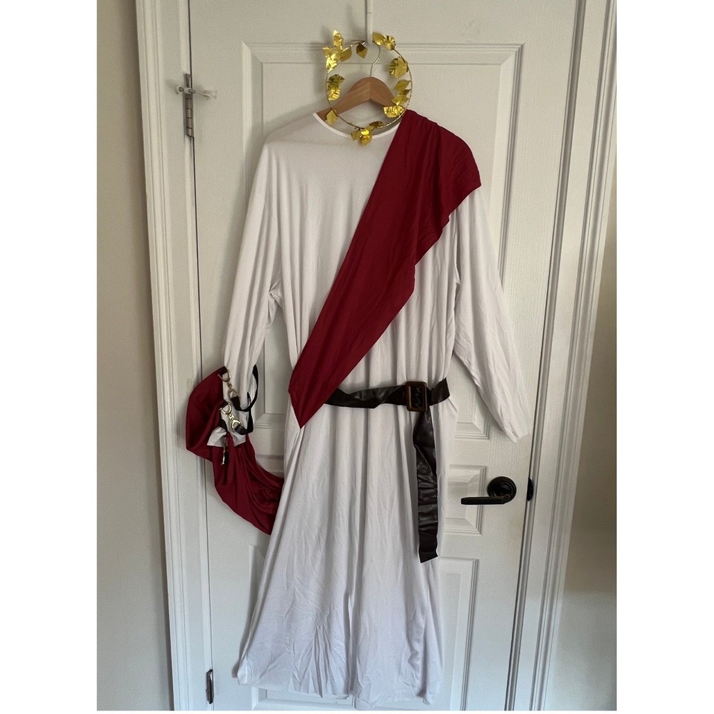 Disguise Halloween Roman God Costume Mens White Red Toga Greek Robe Gold Laurel